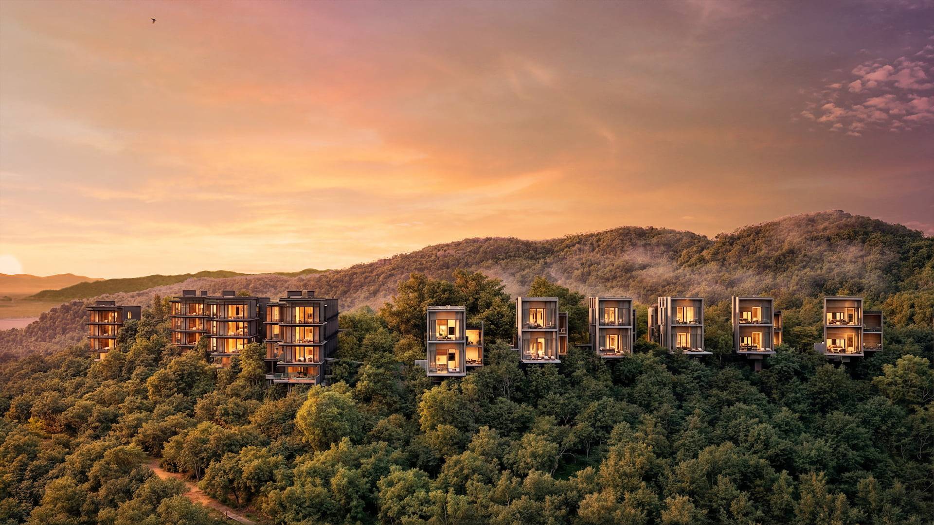 Sunset view of TEMPLO Condos Penthouses and Villas